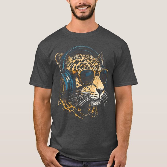 T-shirt Jaguar Animal Motif Music Headphone Illustration J (Devant)