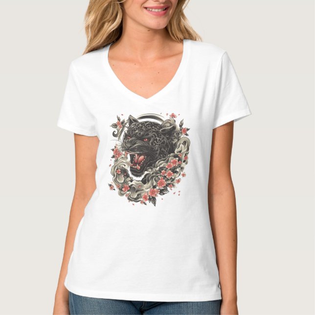 T-shirt Jaguar-Strength en fleurs de minuit, élégance (Devant)