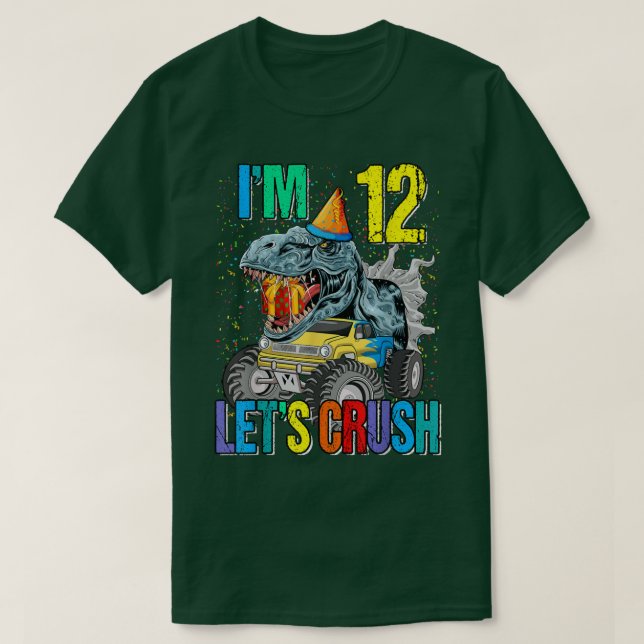 T-shirt J'ai 12 ans, écrasons le Dinosaure de Camion Monst (Design devant)