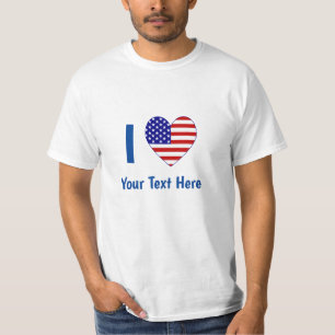 T-shirt J'aime (Cœur Drapeau USA) Votre Texte Bleu