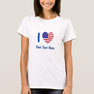 T-shirt J'aime (Cœur Drapeau USA) Votre Texte Bleu Femme