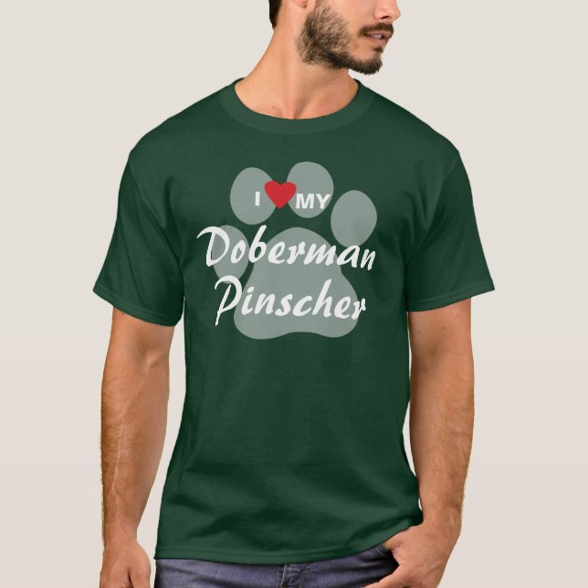 T-shirt J'aime (coeur) mon Pinscher Pawprint de dobermann (Devant)
