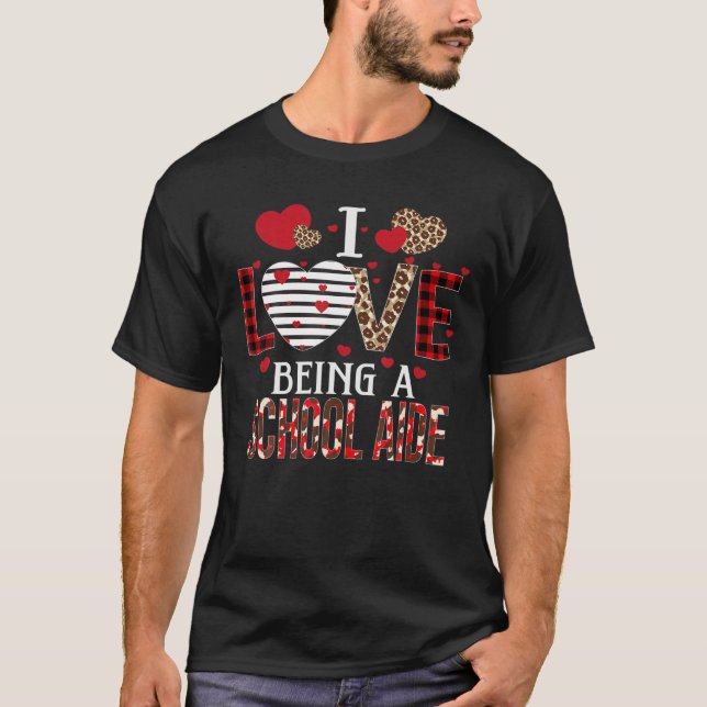 T-shirt J'Aime Être Un Aide D'École Rouge Coeurs Plaid Val (Devant)