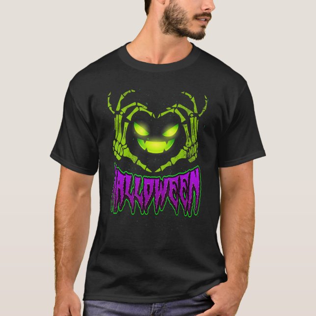 T-shirt J'aime Halloween effrayant Visage Ghoost et Skelet (Devant)