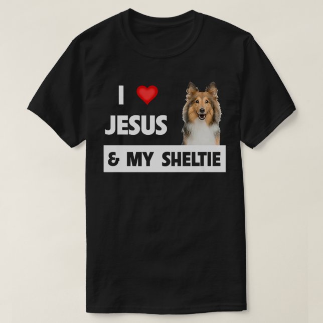 T-shirt J'aime Jésus et mon Sheltie Maman Papa Chien Shetl (Design devant)
