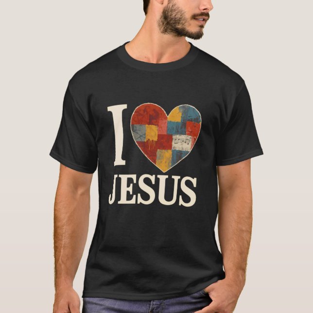 T-shirt J'aime Jésus Patchwork Graffiti Cœur Art Chrétien  (Devant)