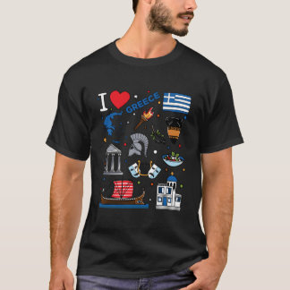 T-shirt J'aime la Grèce Dessinée à la Main Drapeaux et Li
