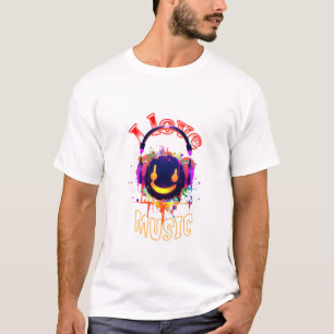 T-shirt J'aime la musique Smiley Casque DJ vibe blanc