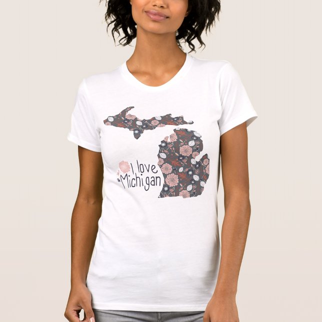 T-shirt J'Aime Le Michigan Avec Le Remplissage Floral (I Love Michigan With Floral Fill T-Shirt from the Michigander!)