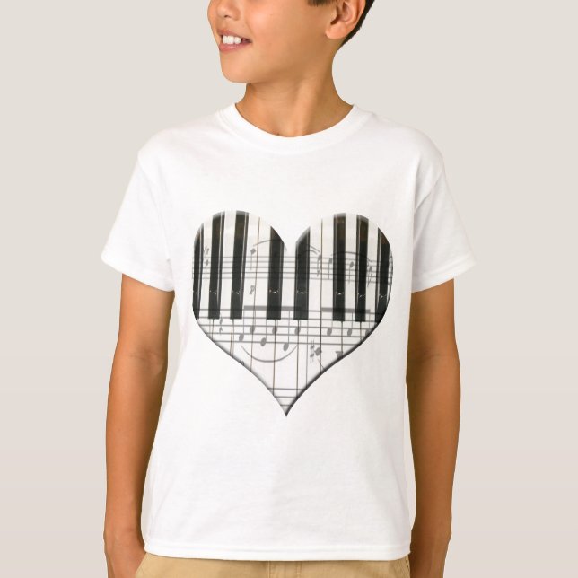 T-shirt J'aime le piano ou le clavier de coeur de musique (Devant)