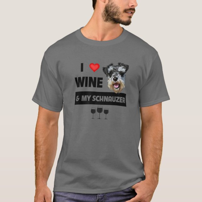 T-shirt J'Aime Le Vin Et Mon Schnauzer Maman Papa Amoureux (Devant)
