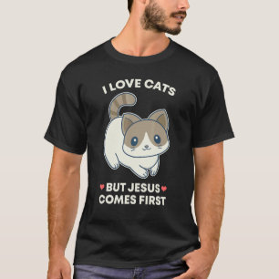 T-shirt J'aime les chats mais Jésus passe avant chat chrét