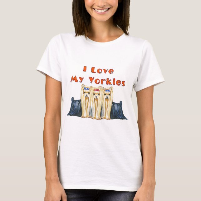 T-SHIRT J'AIME MES YORKIES TROIS TERRIERS DE YORKSHIRE (Devant)