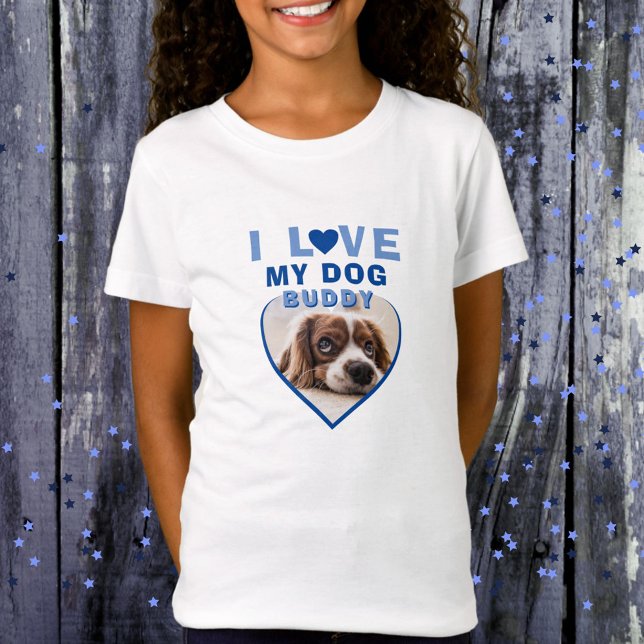 T-Shirt J'aime mon chien Blue Heart Photo Nom de l'animal (Créateur téléchargé)