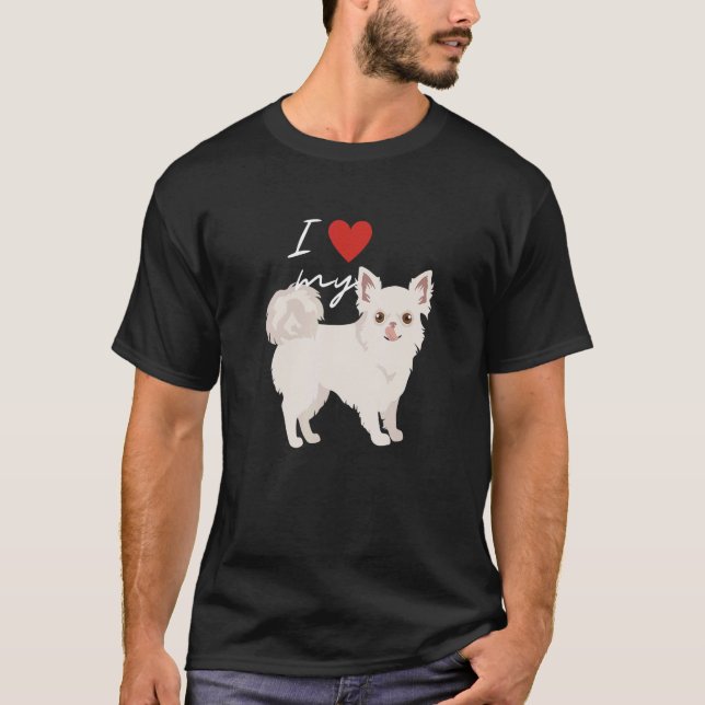T-shirt J'Aime Mon Chihuahua Blanc Longhair (Devant)