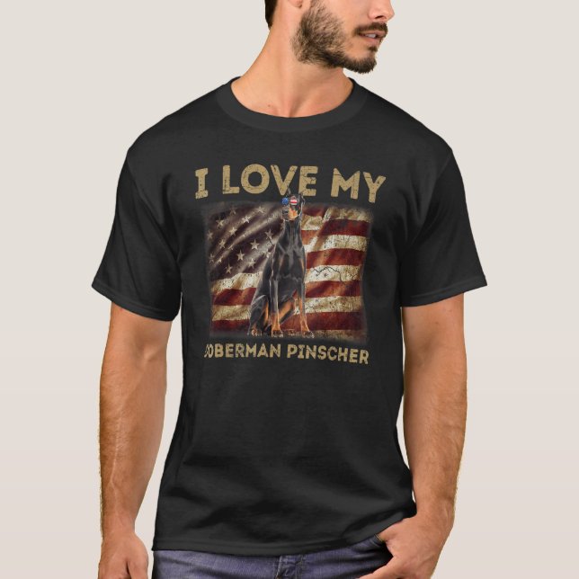 T-shirt J'Aime Mon Doberman Pinscher Papa Maman Drapeau Am (Devant)