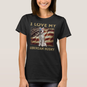 T-shirt J'Aime Mon Sibérie Husky Papa Maman Drapeau Améric