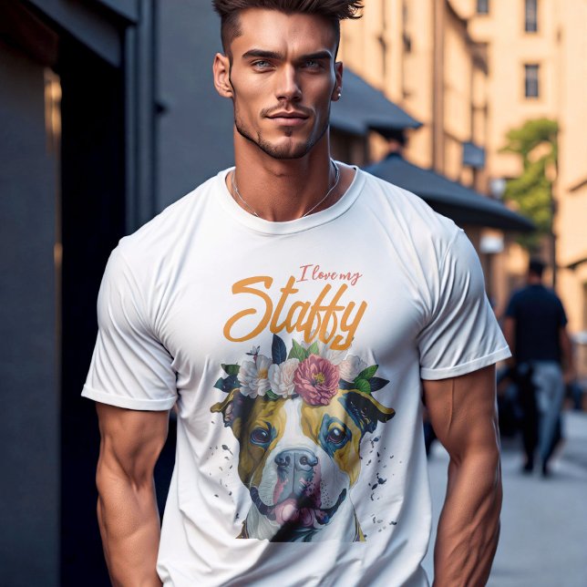 T-shirt J'aime mon Staffy, chien en fleurs Cadeau personna (I love my staffy - dad 
 of Staffordshire terrier girl)