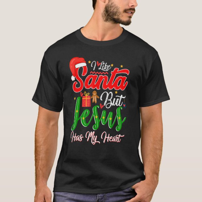 T-shirt J'Aime Père Noël Mais Jésus A Mon Coeur Santa Hat  (Devant)