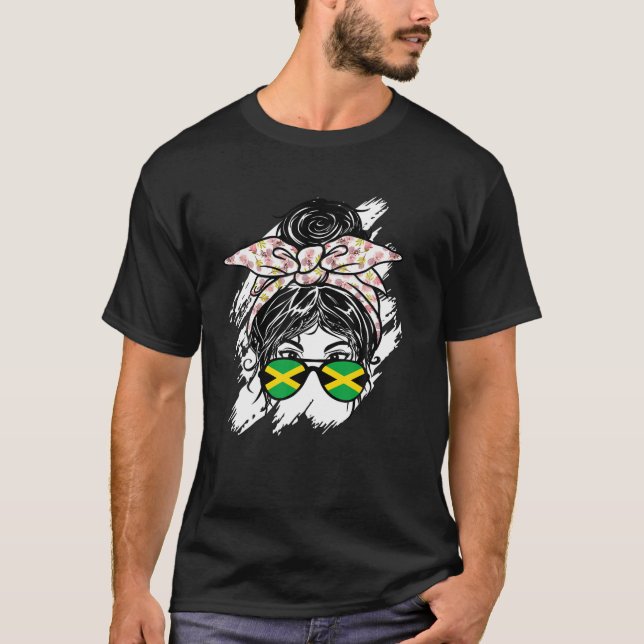 T-shirt Jamaïque Messy Bun avec Drapeau Jamaïcain Bandana  (Devant)