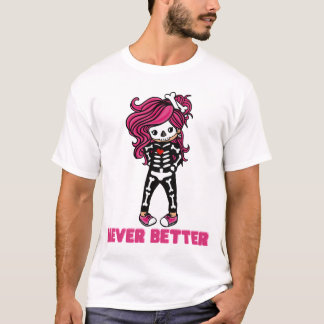T-shirt Jamais Mieux Skeleton mignon Cheveux roses Kawaii