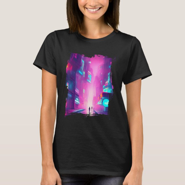 T-shirt Japan Pink Blue Lights Vaporwave City (Devant)