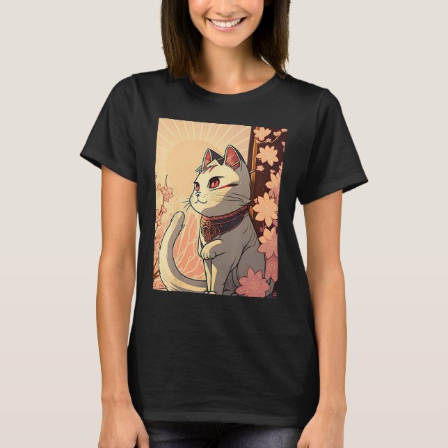 T-shirt Japanese Aesthetic Cute cat japan Sakura Cherry Bl (Devant)