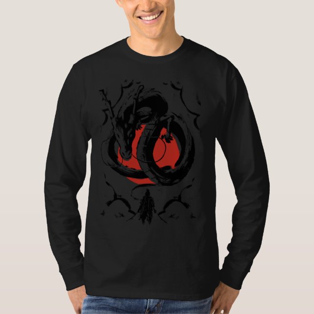 T-shirt Japanese Aesthetic Dragon and warrior Japanese red (Devant)