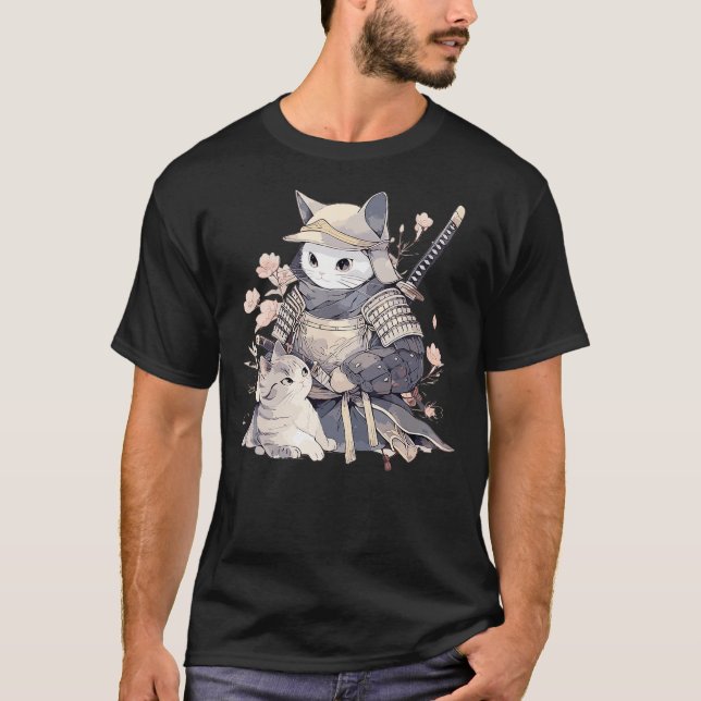 T-shirt Japanese Art Cat Ninja Ukiyo-e Anime Style Samurai (Devant)
