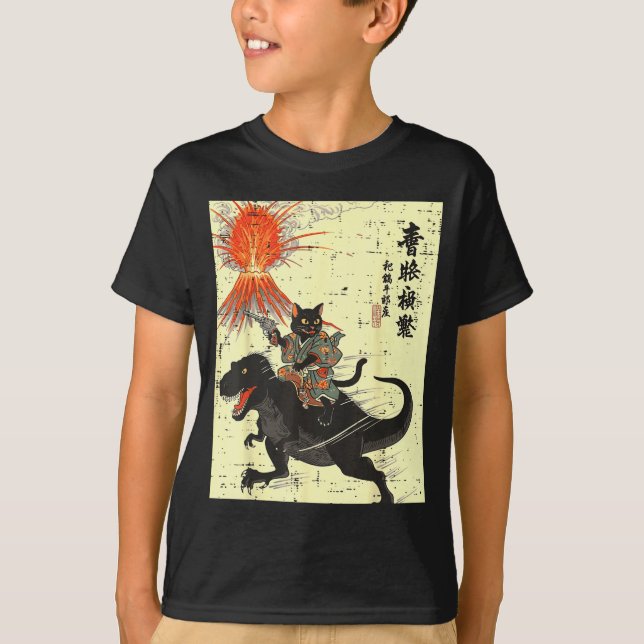 T-shirt Japanese Black Cat On Trex Funny Ukiyo-e Boys Kids (Devant)