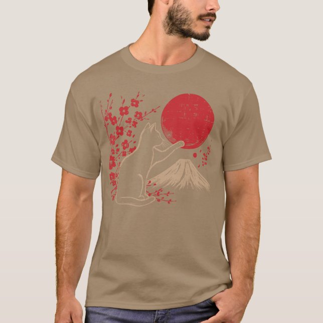 T-shirt Japanese Cat Cherry Blossom Mountain Sun Art Women (Devant)