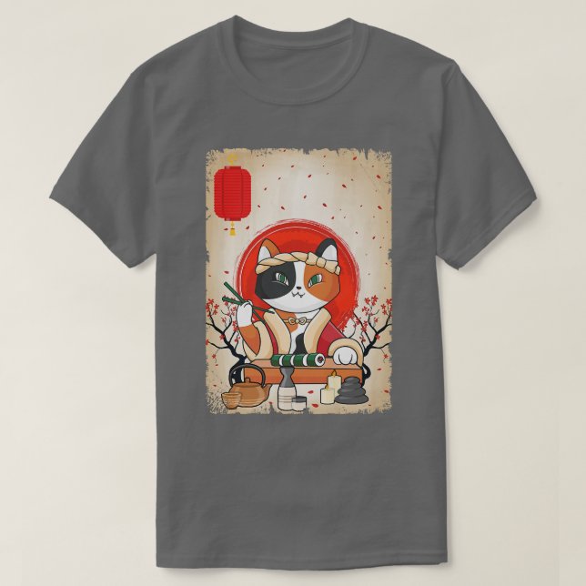 T-shirt Japanese Cat Sushi Cherry Blossom  (Design devant)