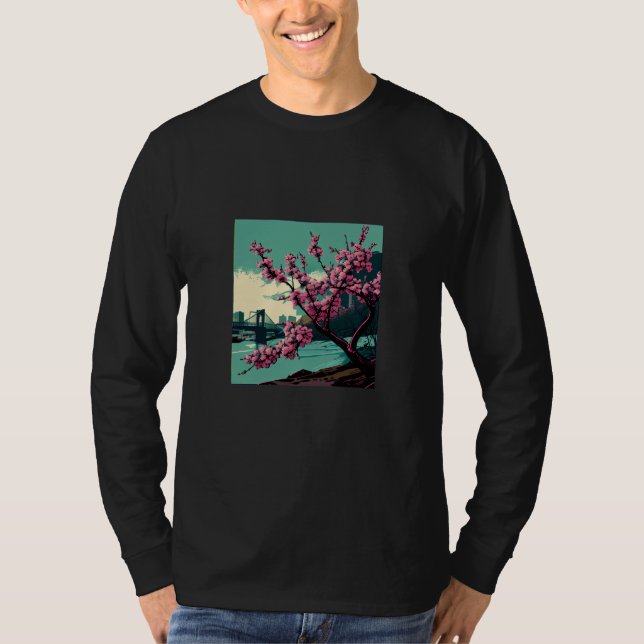 T-shirt Japanese Cherry Blossom tree river suspension brid (Devant)