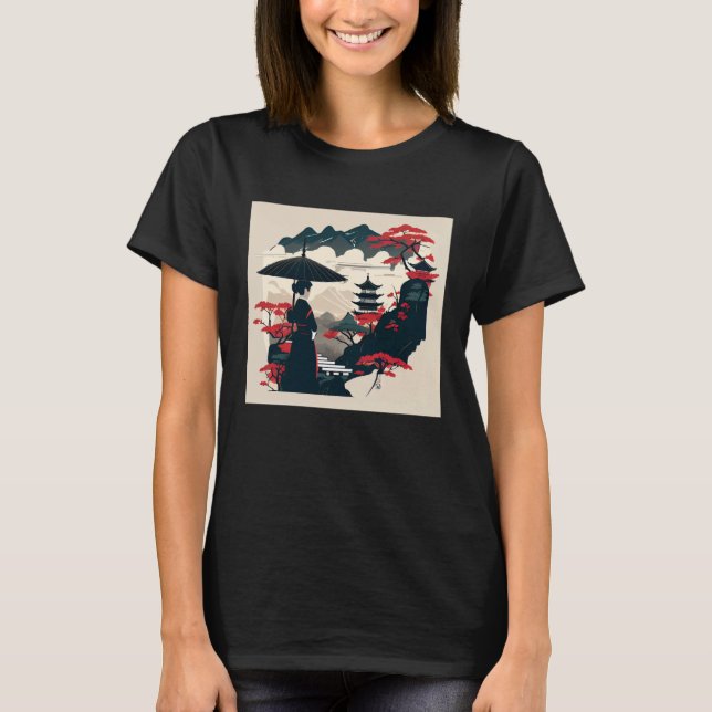 T-shirt Japanese classic lady with umbrella looking at cas (Devant)