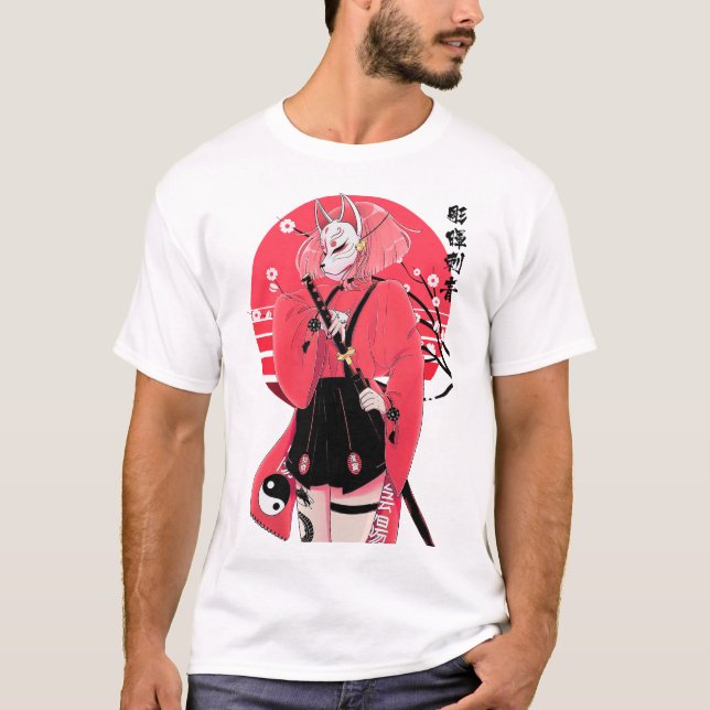 T-shirt Japanese Fox Mask Girl Urban Vaporwave Style  (Devant)