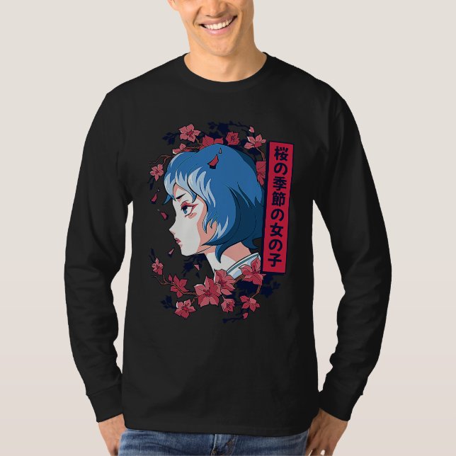 T-shirt Japanese girl with cherry blossoms sakura Japanese (Devant)