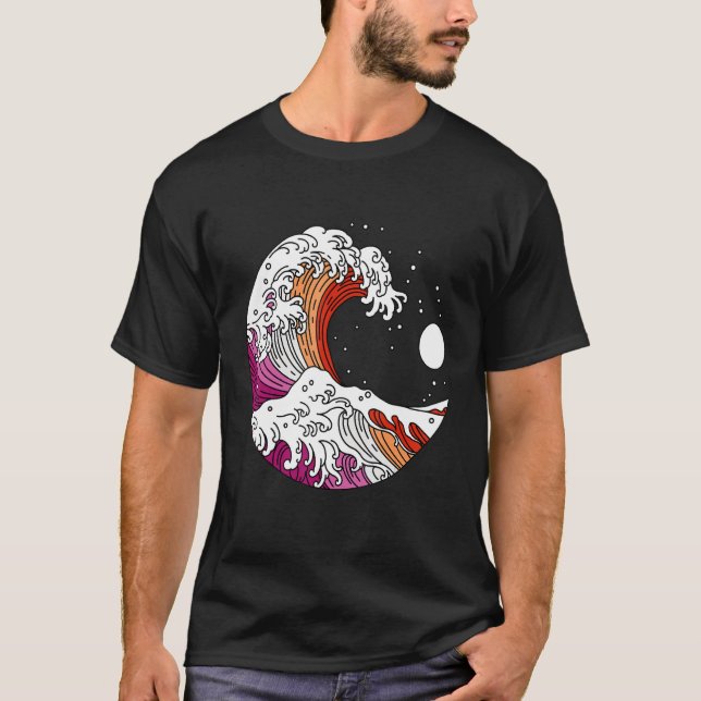 T-shirt Japanese Great Wave Lesbian Pride Flag WlW Gay Gir (Devant)