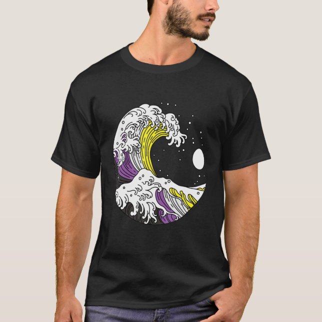 T-shirt Japanese Great Wave Non Binary Pride Flag Nonbinar (Devant)