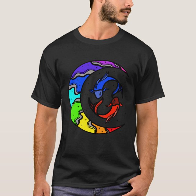 T-shirt Japanese Koi Fish and Crescent Moon With Rainbow C (Devant)