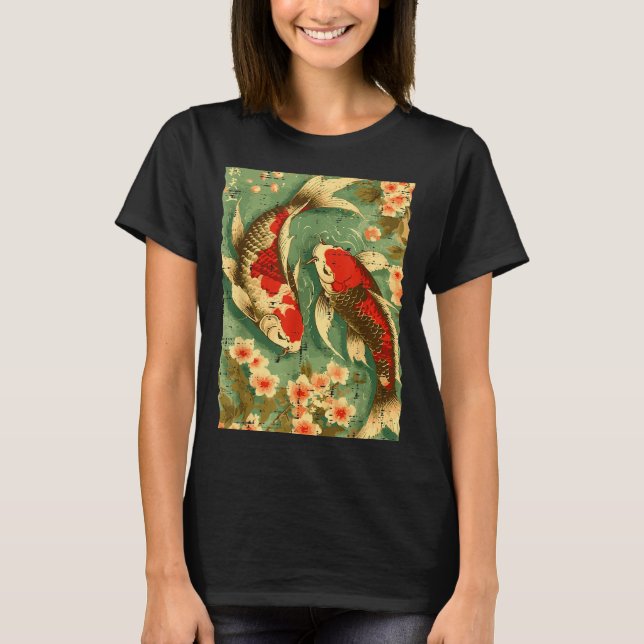 T-shirt Japanese Koi Fish Cherry Blossoms Sakura Art Men W (Devant)
