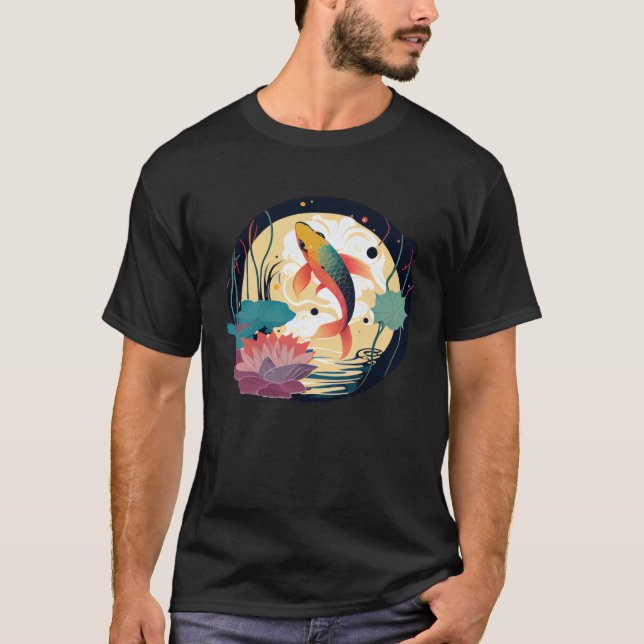 T-shirt Japanese Koi fish jumping out of pond lotus lilly  (Devant)