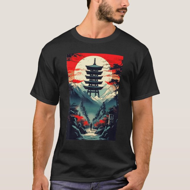 T-shirt Japanese Landscape Mountains Valley Tower Sunset (Devant)