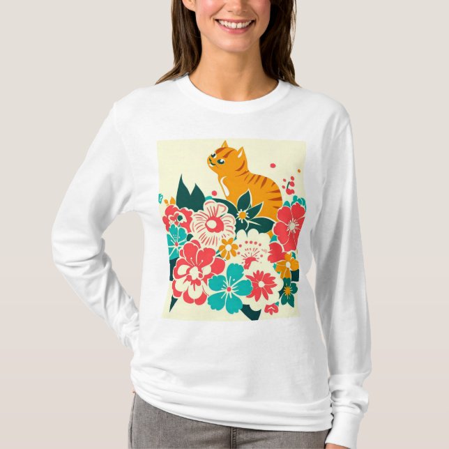 T-shirt Japanese old scool cat and flowers (Devant)