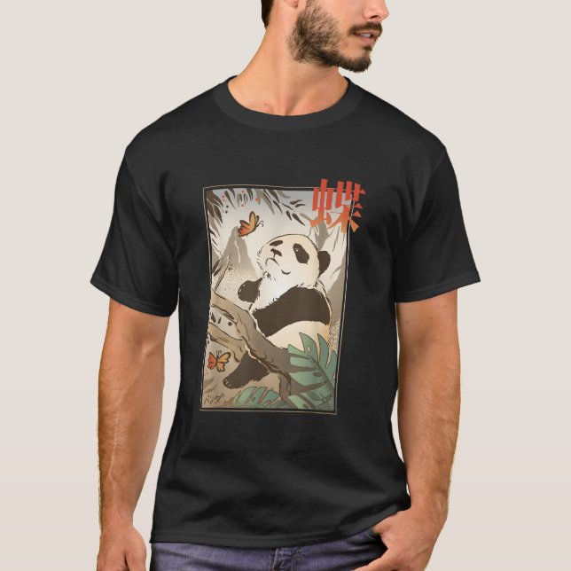 T-shirt Japanese Panda Bear Japan Butterfly Animal Nature (Devant)