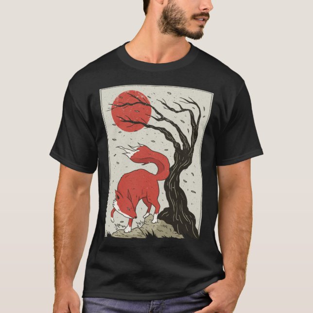T-shirt Japanese Retro Fox Cherry Blossom (Devant)