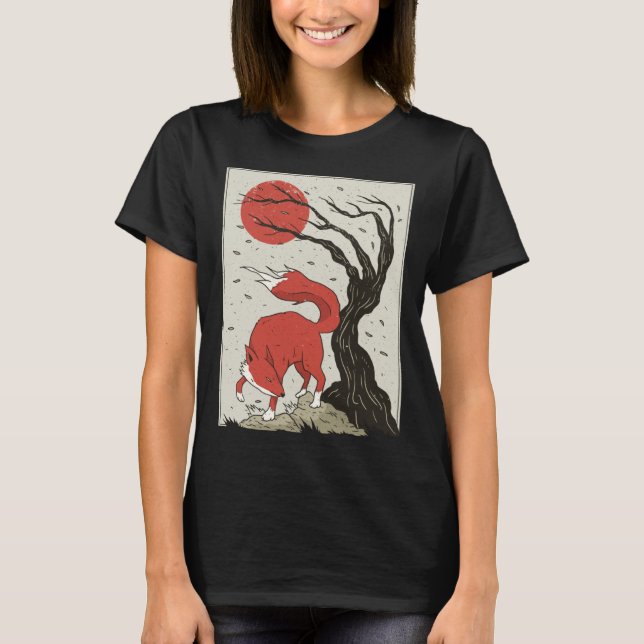 T-shirt Japanese Retro Fox Cherry Blossom (Devant)