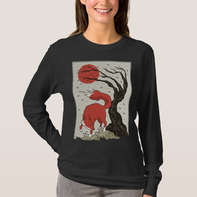 T-shirt Japanese Retro Fox Cherry Blossom (Devant)