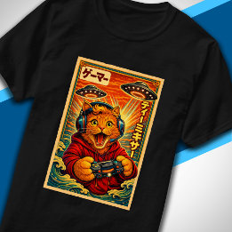 T-shirt Japanese Retro Vintage UFO Cat Graphic Funny Gamer