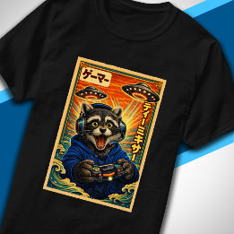 T-shirt Japanese Retro Vintage UFO Raccoon Funny Gamer