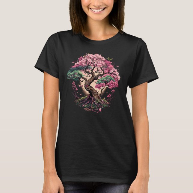 T-shirt Japanese Sakura Garden Geisha Mount Fuji Cherry Bl (Devant)